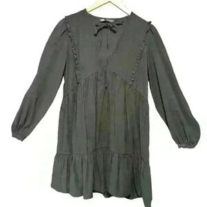 ZARA Black Long Sleeve Ruffle Oversized Key Hole Tie Swing Mini Dress Women S